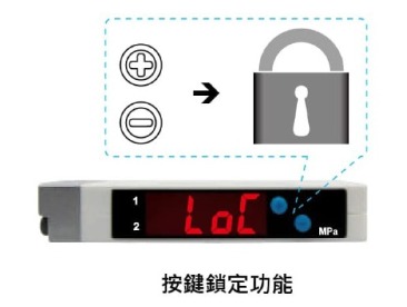 按鍵鎖定功能:按鍵鎖定模式可以預防傳感器的操作錯誤；按住 + 與 - 鍵 3 秒進入按鍵鎖定功能模式